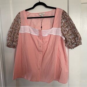 H By Halston Poplin Blouse Square Eyelet Neck Tulip Floral Ditzy Print Size XL